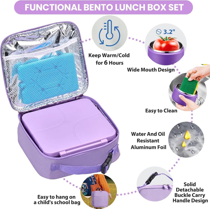 BABHAMNESS Bento Lunch Box with 8oz Soup Thermo,Kids Leakproof 4 Compartment Lunch Food Containers with Sauce Cup and Ice Pack,Kids Thermo Insulated Hot Food Jar and Lunch Bag for School,Trvael-Purple - Image 3
